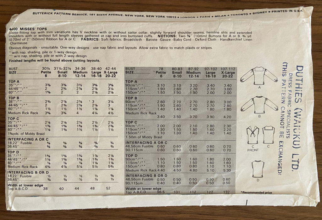 Butterick 4400 vintage 1980s tops pattern