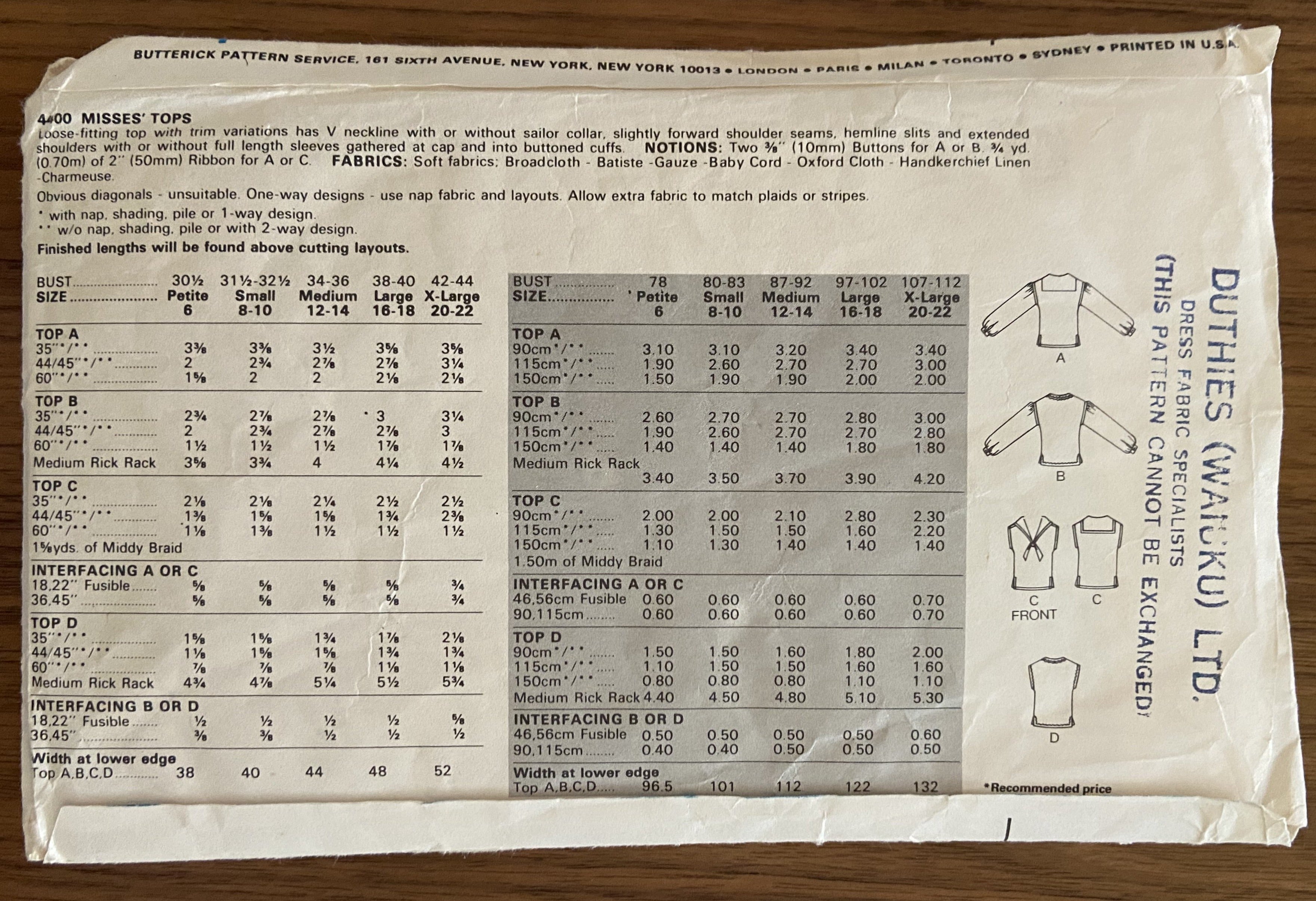 Butterick 4400 vintage 1980s tops pattern