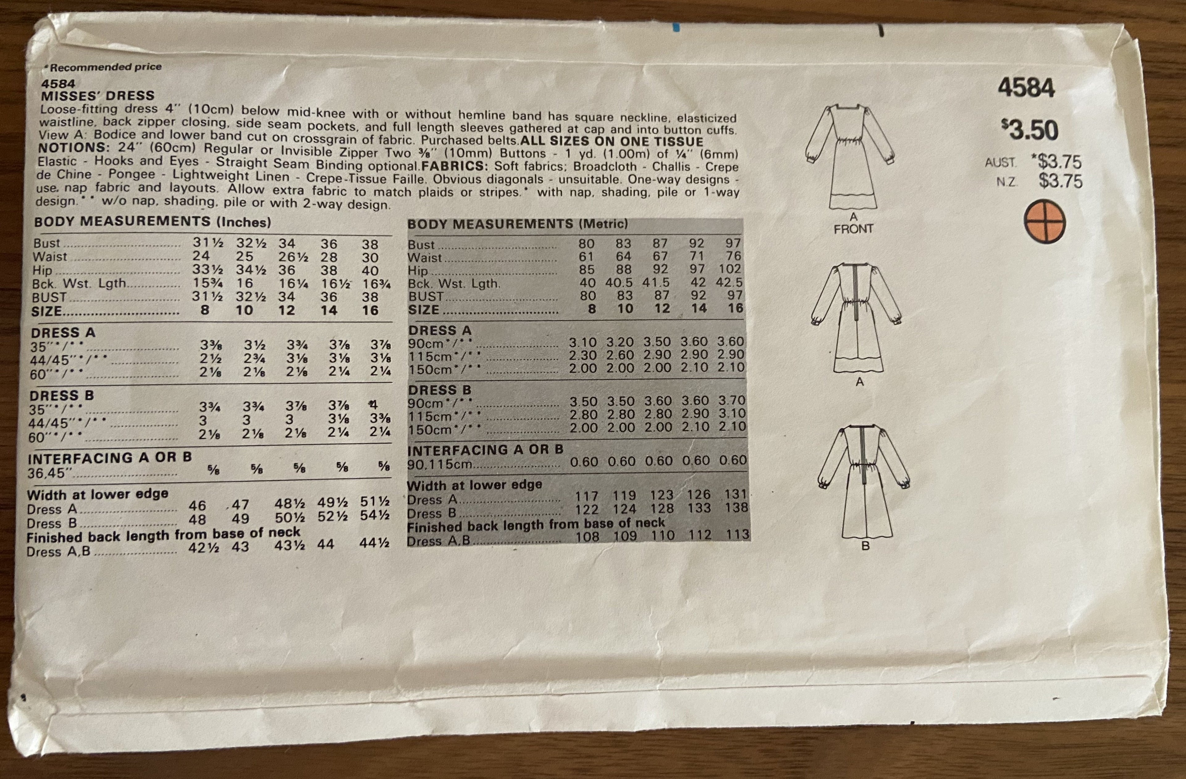 Butterick 4584 vintage late 1970s early 1980s David Warren dress pattern