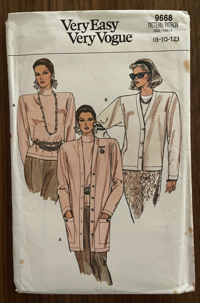 Very Easy Very Vogue 9668 vintage 1980s cardigans and top sewing pattern Bust 31 1/2 and 32 1/2 inches