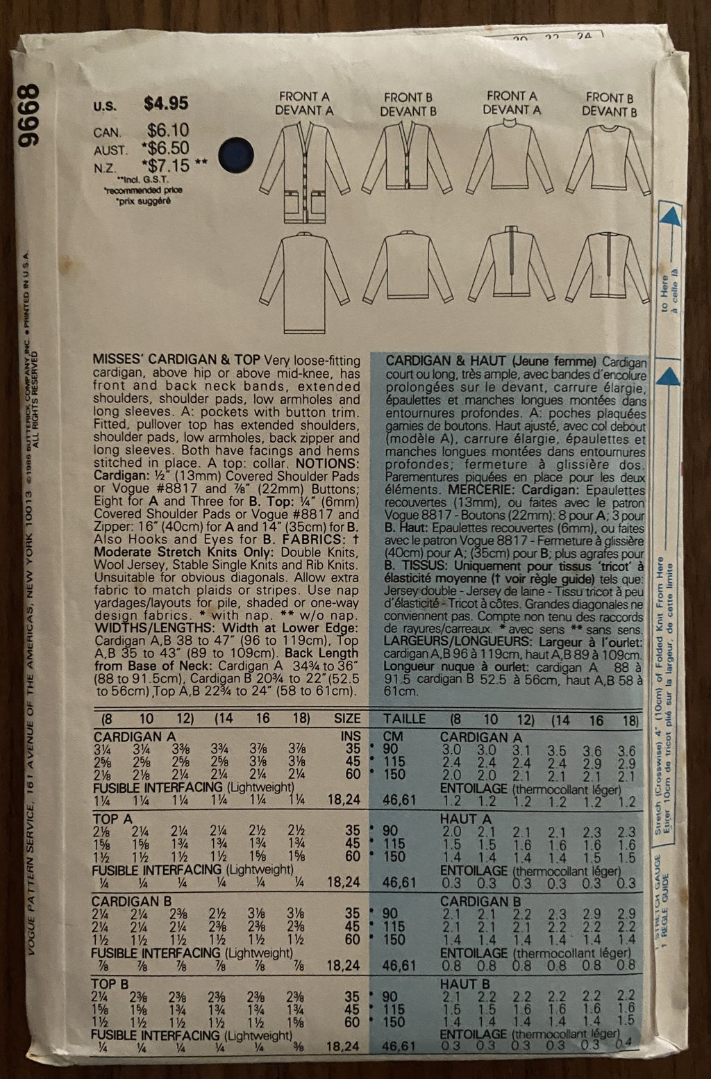 Very Easy Very Vogue 9668 vintage 1980s cardigans and top sewing pattern Bust 31 1/2 and 32 1/2 inches