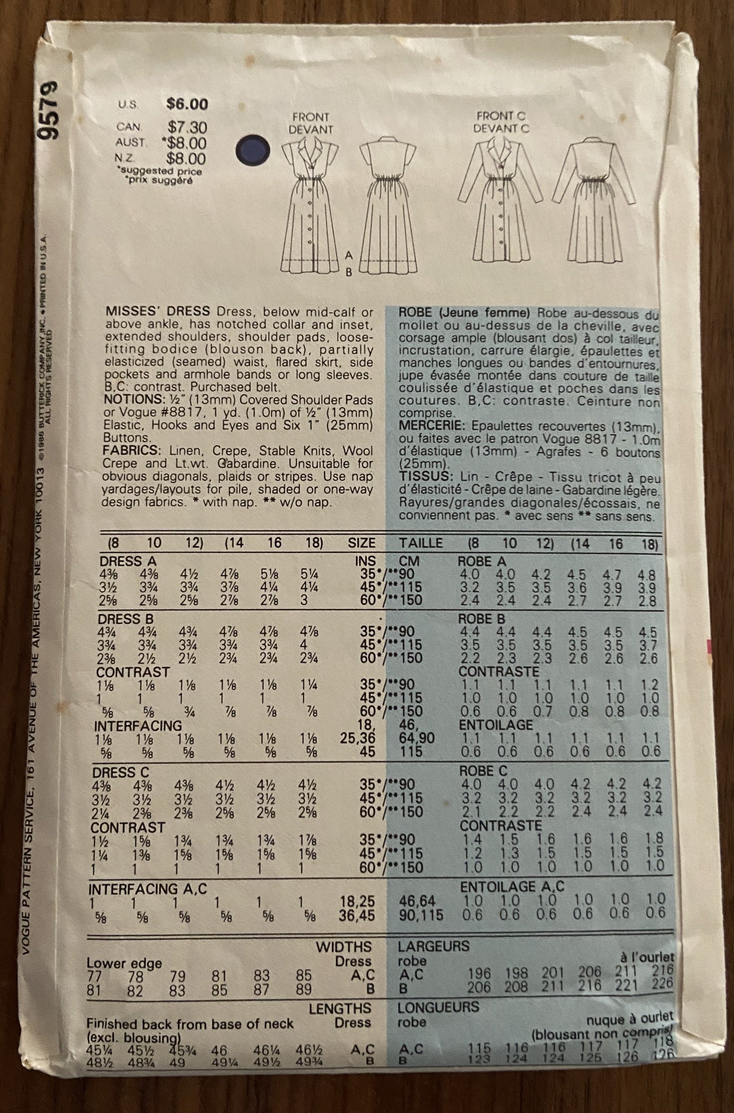 Vogue 9579 vintage 1980s dress sewing pattern But 31 1/2, 32 1/2, 34 inches