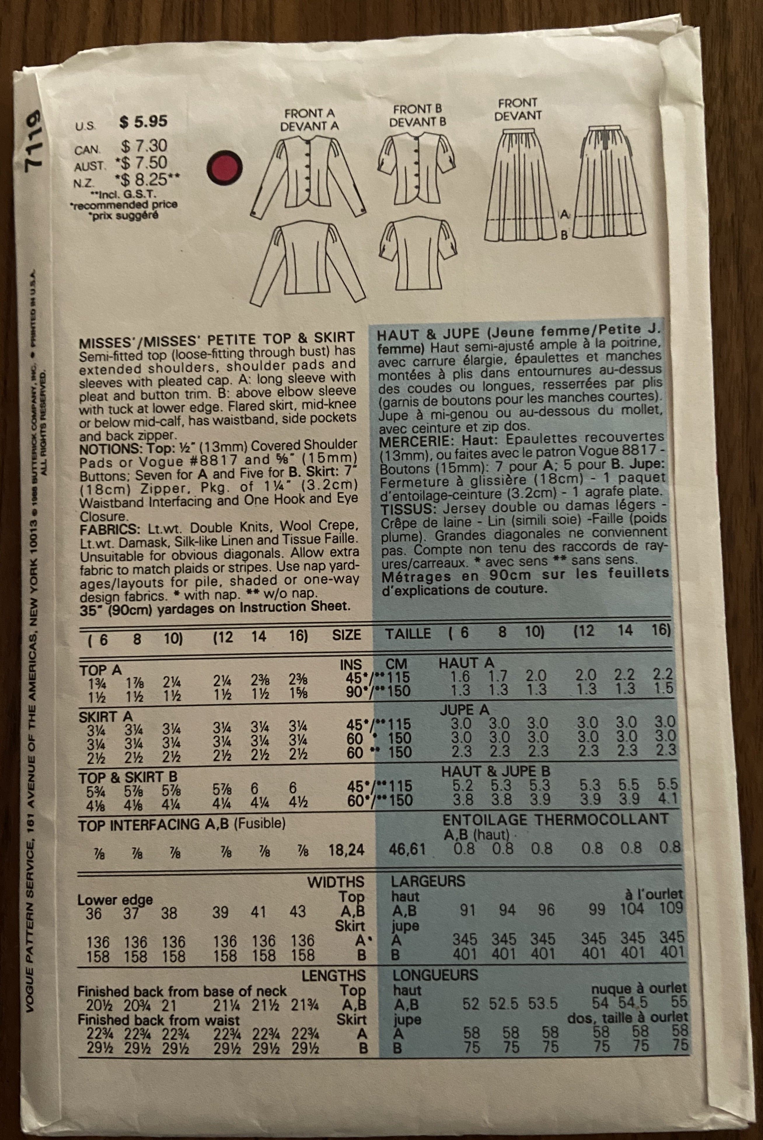Vogue 7119 vintage 1980s top and skirt sewing pattern Bust 30 1/2, 31 1/2, 32 1/2 inches