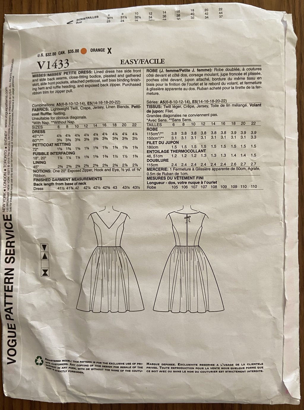 Vogue V1433 Tracy Reese dress pattern from 2015 Bust 30 1/2, 31 1/2, 32 1/2, 34, 36 inches