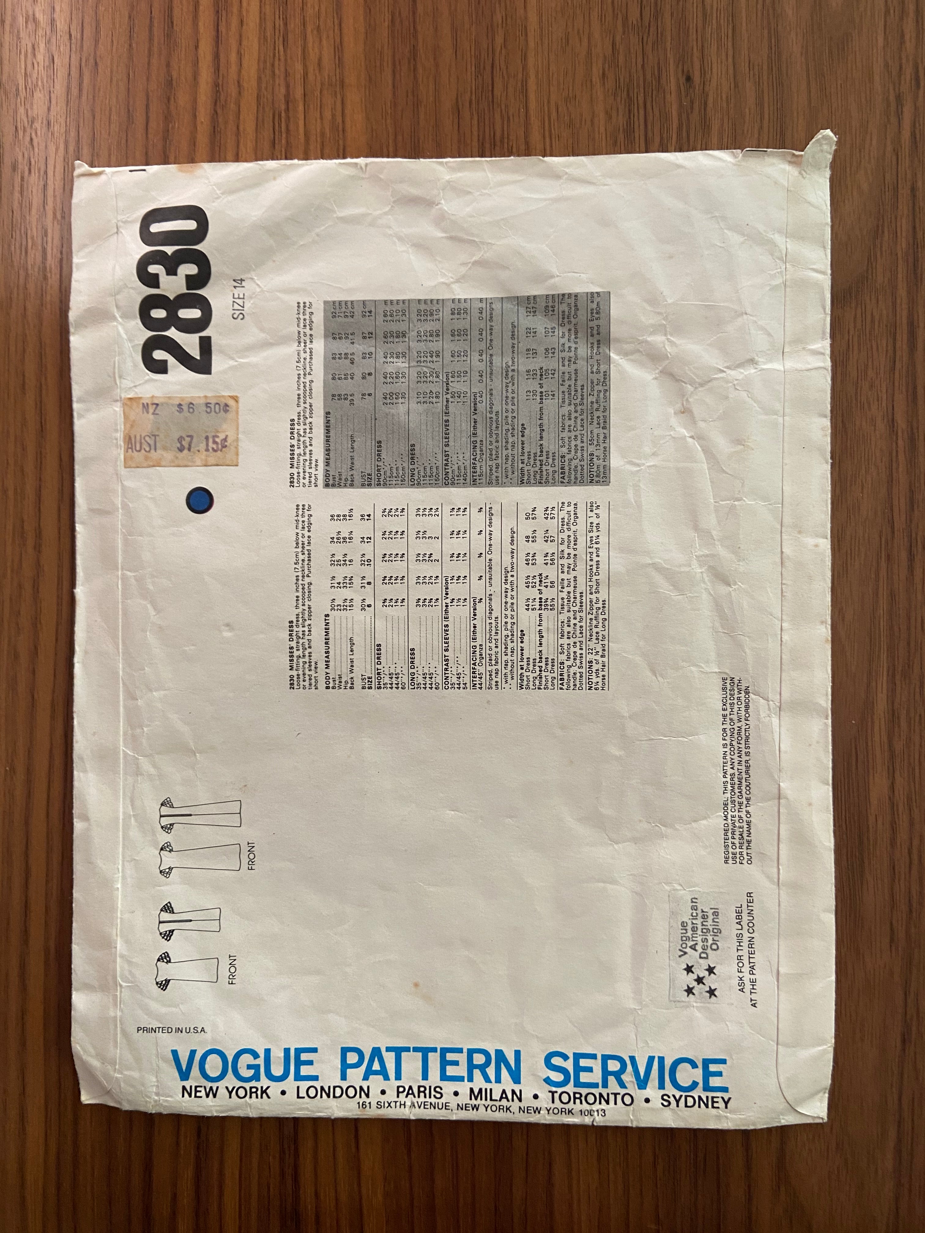 Vogue 2830 vintage 1980s dress sewing pattern. Designer Jerry Silverman. Bust 36 inches