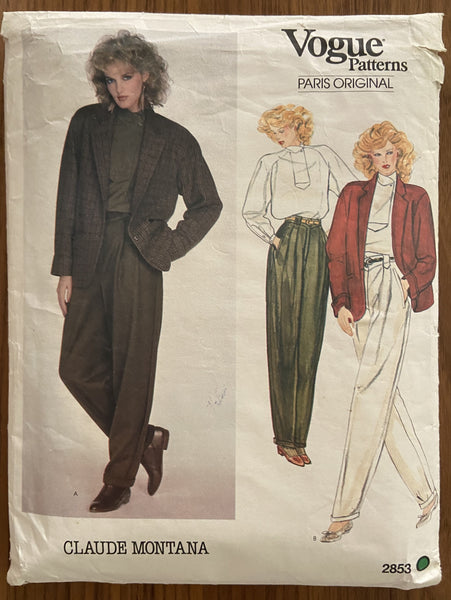 Vogue 2853 vintage 1980s jacket, top and pants sewing pattern. Vogue Paris Original Claude Montana Bust 34 inches