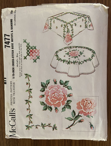 McCall's 7477 vintage 1960s tablecloth sewing pattern with embroidery transfers. No instructions