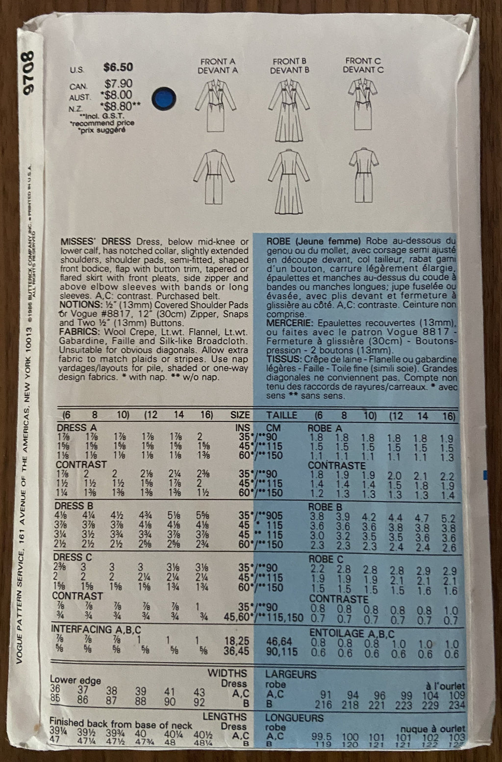Vogue 9708 vintage 1980s dress pattern Bust 30 1/2, 31 1/2, 32 1/2 inches