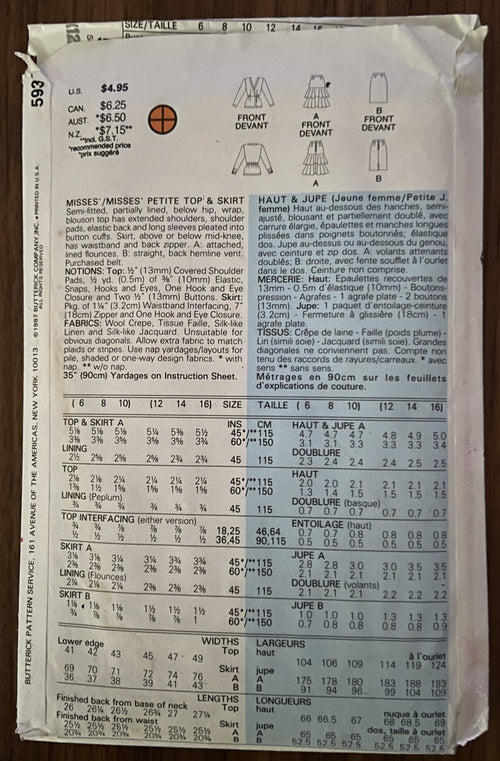 Butterick 5933 Ronnie Heller vintage 1980s skirt and top sewing pattern