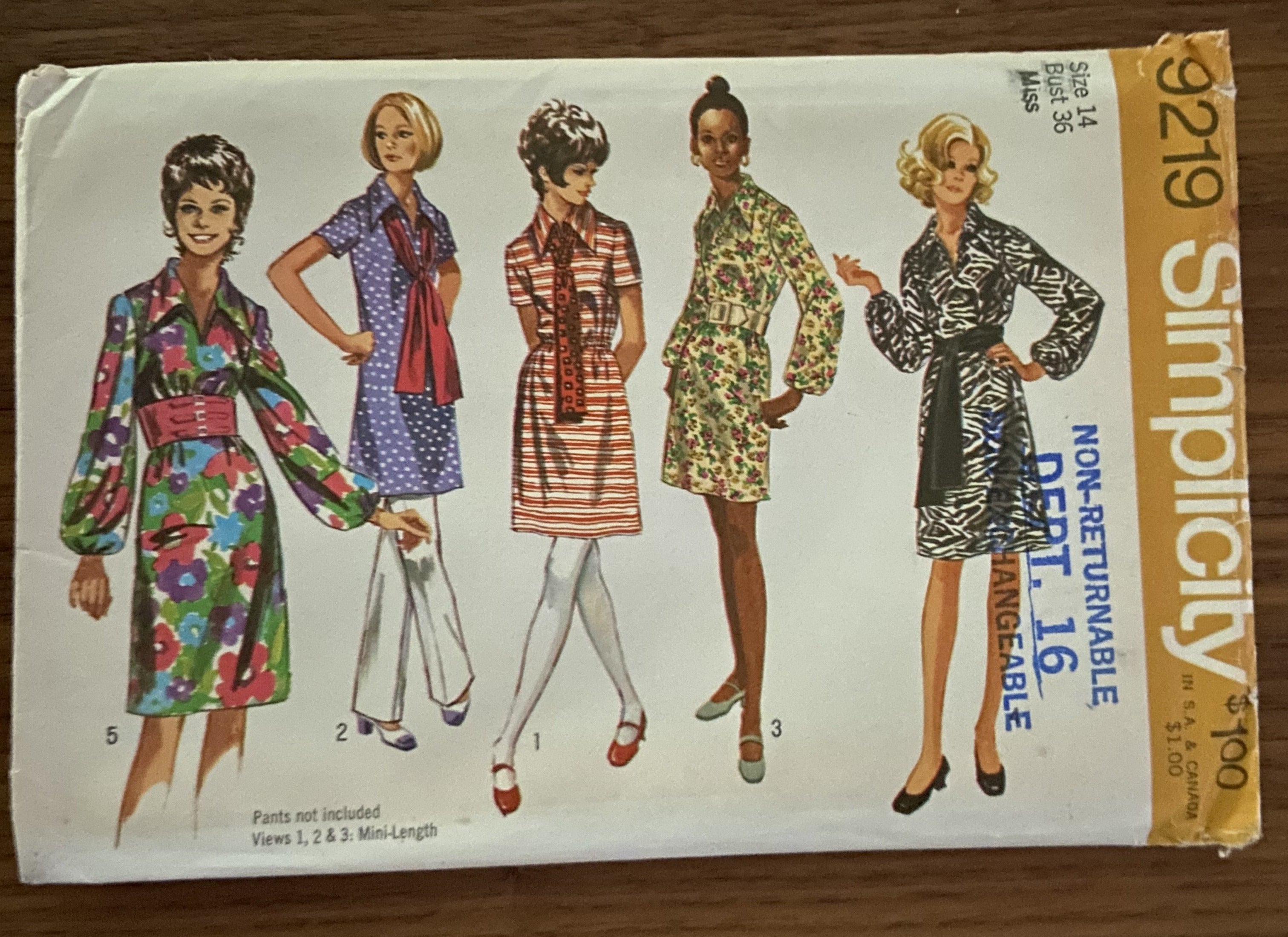 Simplicity 9219 vintage 1970s dress and sash pattern
