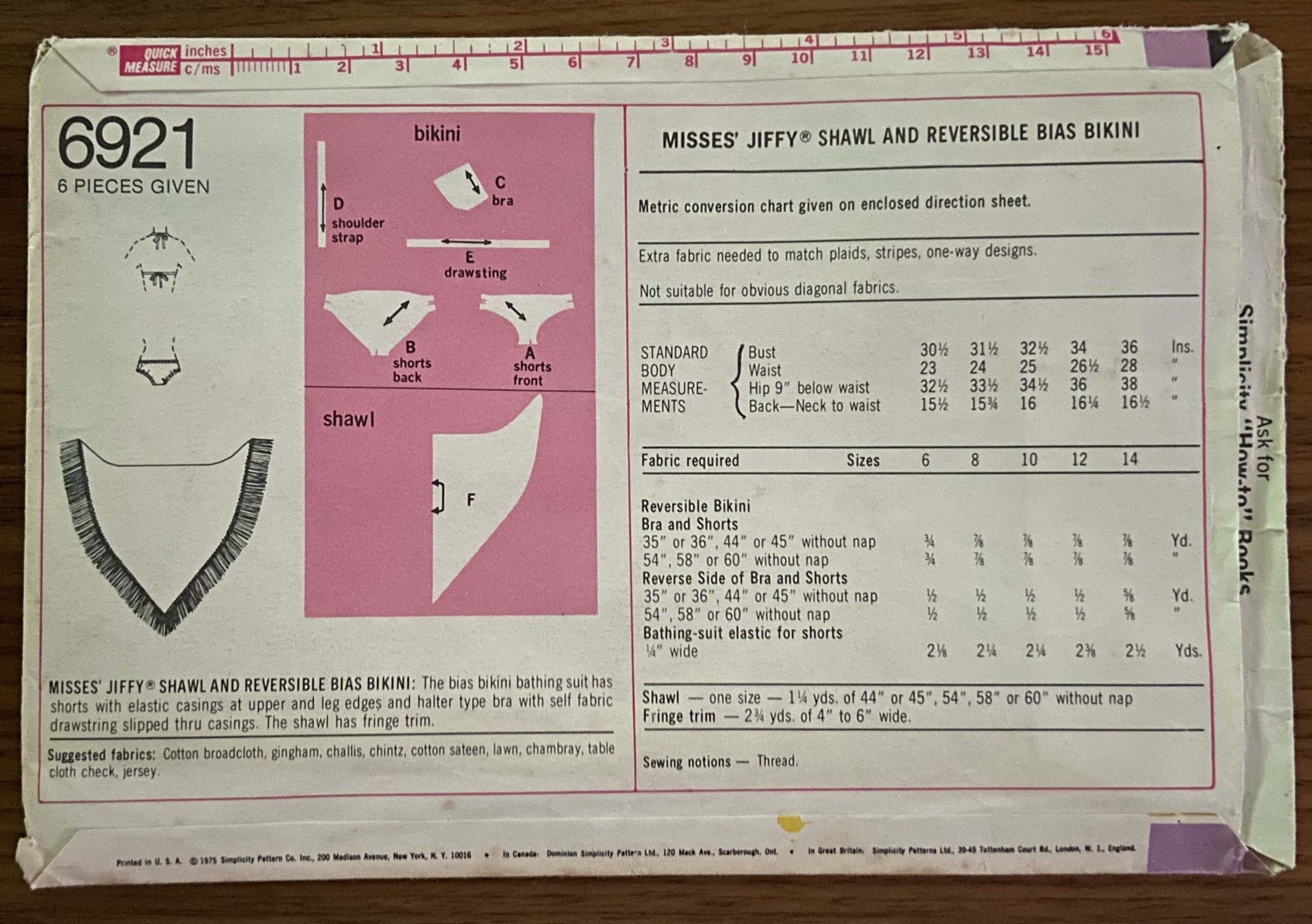 Simplicity 6921 vintage 1970s reversible shawl and bikini pattern Bust 34 inches