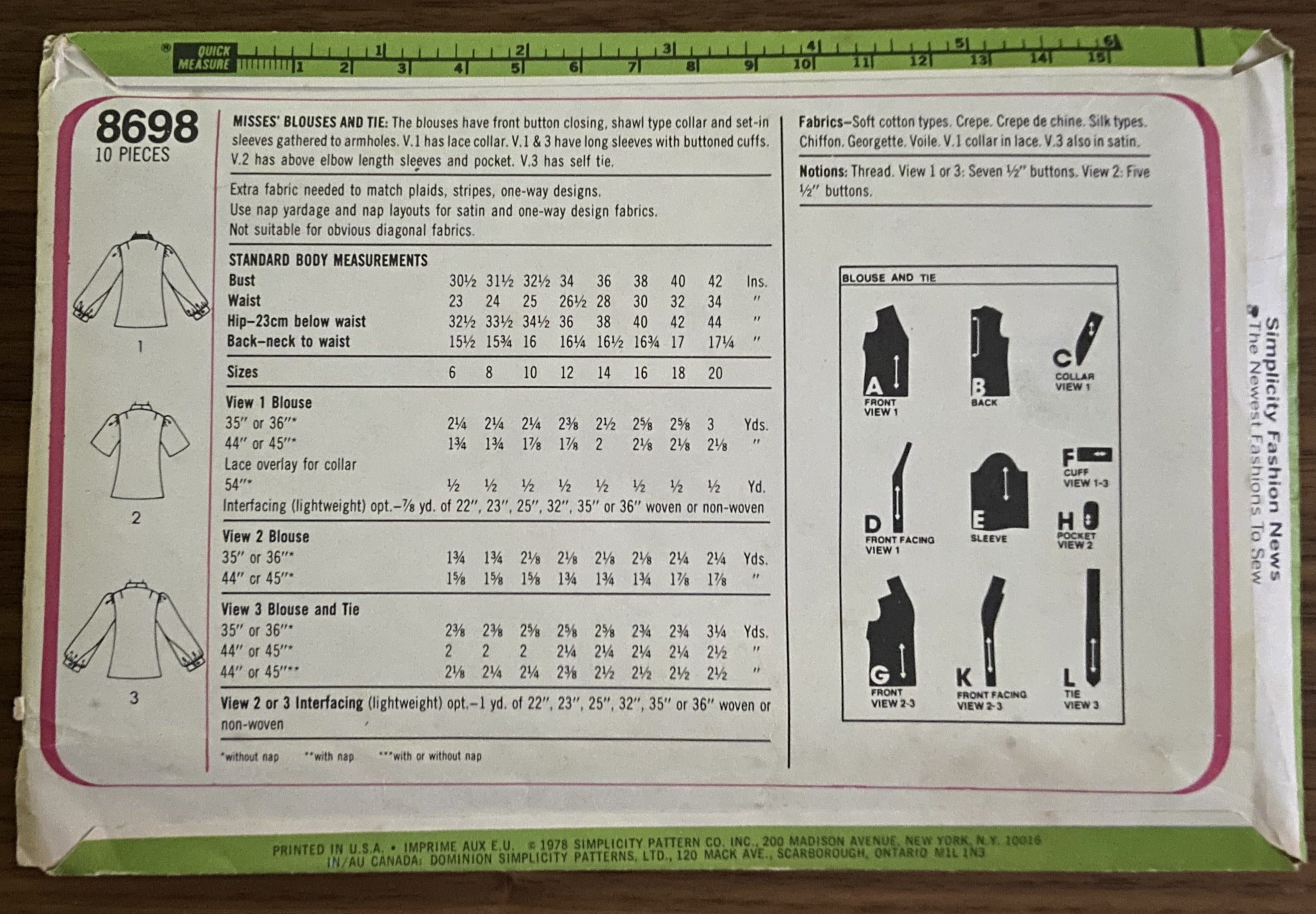 Simplicity 8698 vintage 1970s blouse and tie sewing pattern