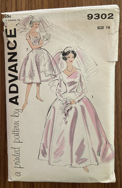 Advance 9302 vintage 1960s wedding dress pattern Bust 34