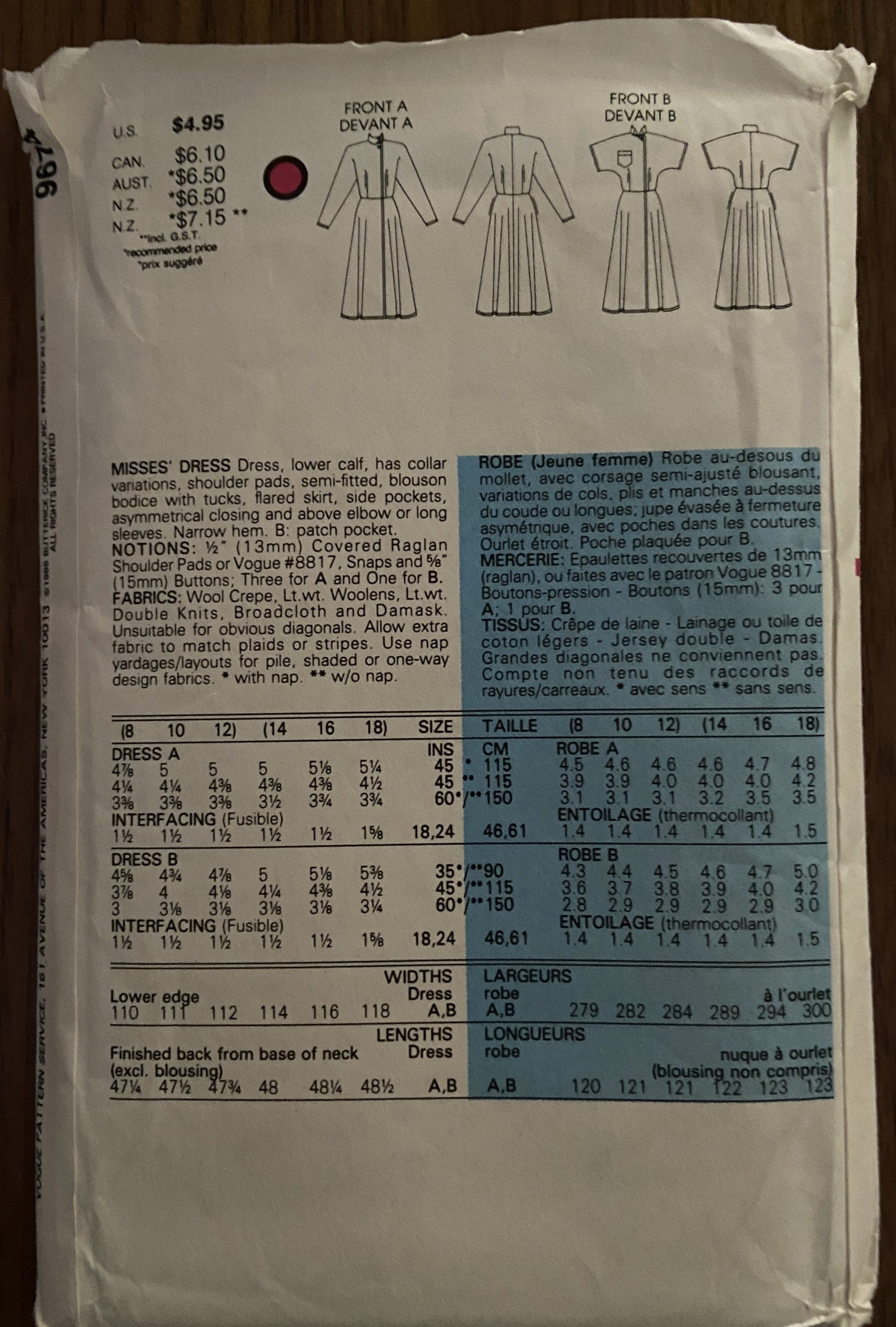 Very Easy Very Vogue 9674 vintage 1980s dress sewing pattern Bust 36 to 40 inches