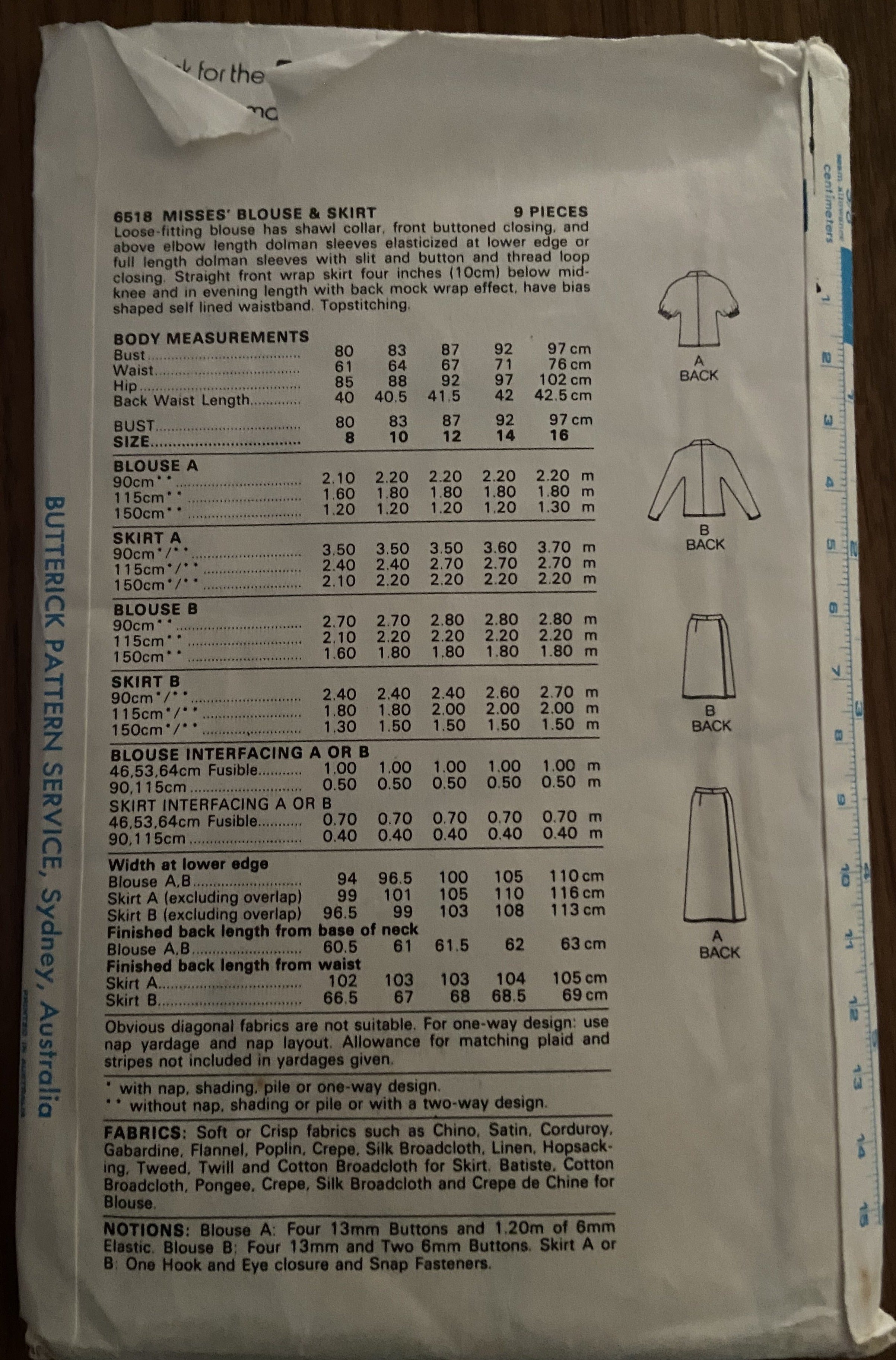 Butterick 6518  vintage 1980s skirt and blouse sewing pattern