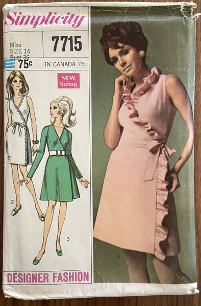 Simplicity 7715 vintage 1960s wrap dress sewing pattern Bust 36 inches