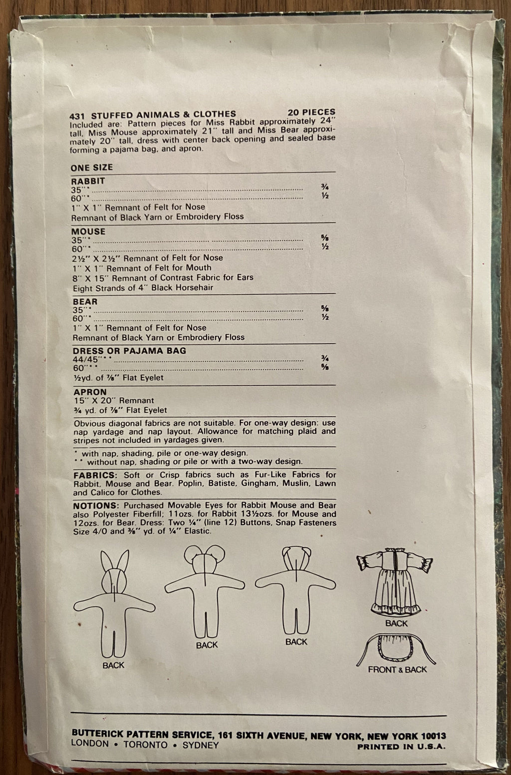 Butterick 431 vintage 1980s stuffed animals and clothes sewing pattern.