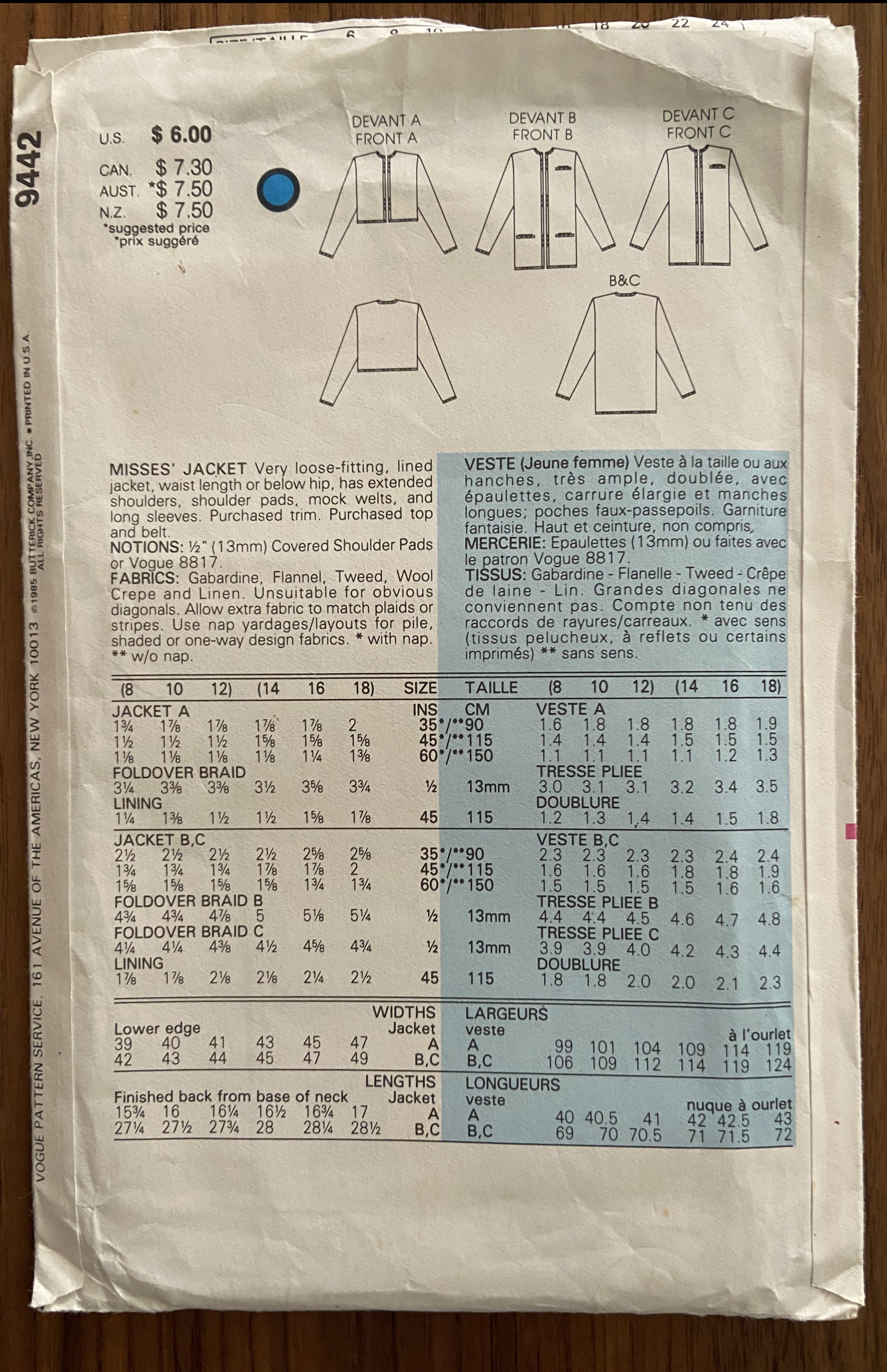 Vogue 9442 very easy very vogue vintage 1980s  jacket pattern Bust 36. 38, 40 inches