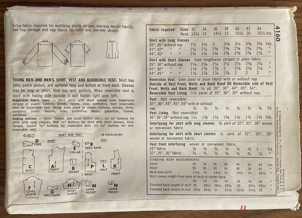 Simplicity 4160 vintage 1960s men's shirt, vest and reversible vest pattern