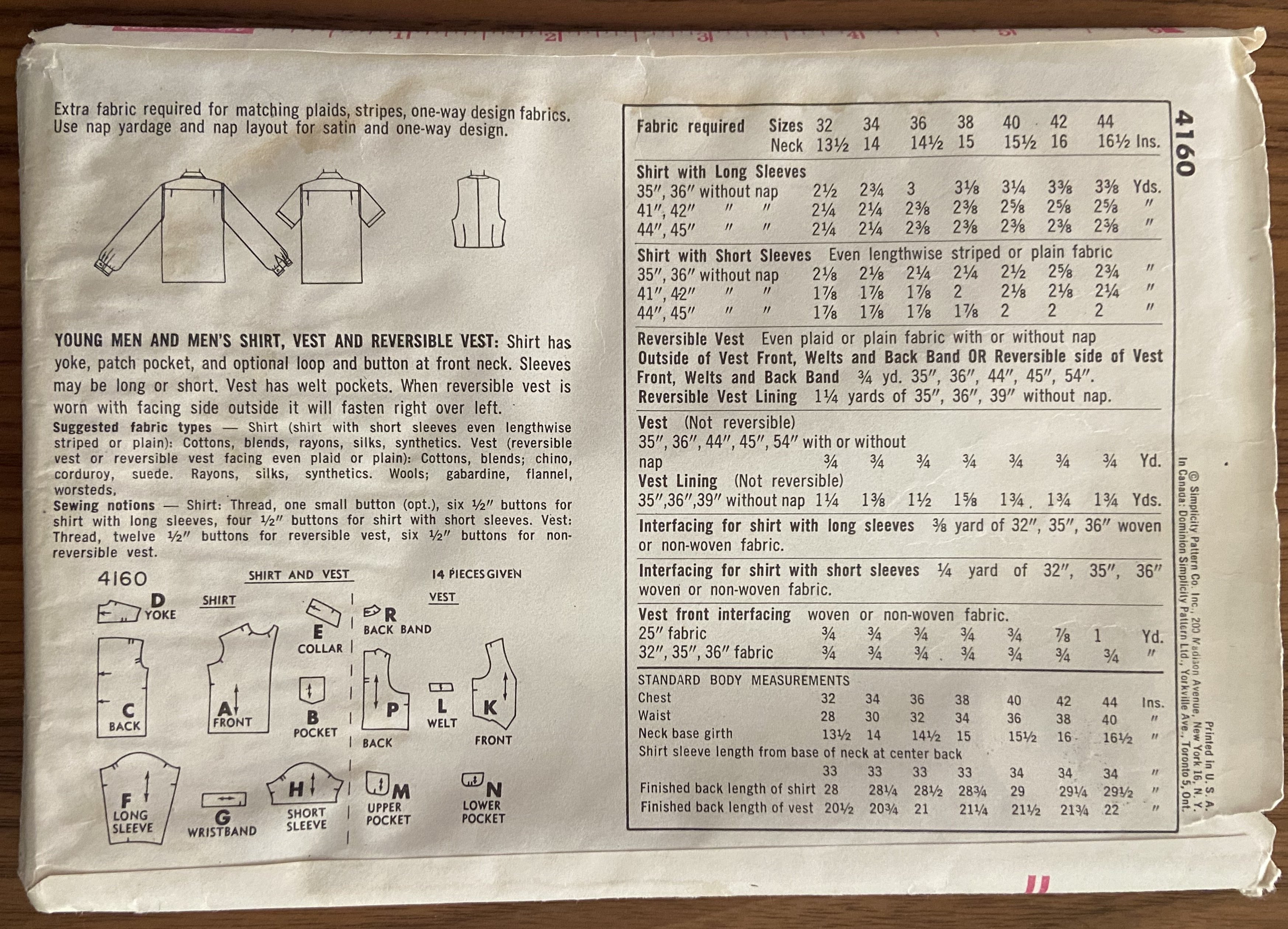 Simplicity 4160 vintage 1960s men's shirt, vest and reversible vest pattern