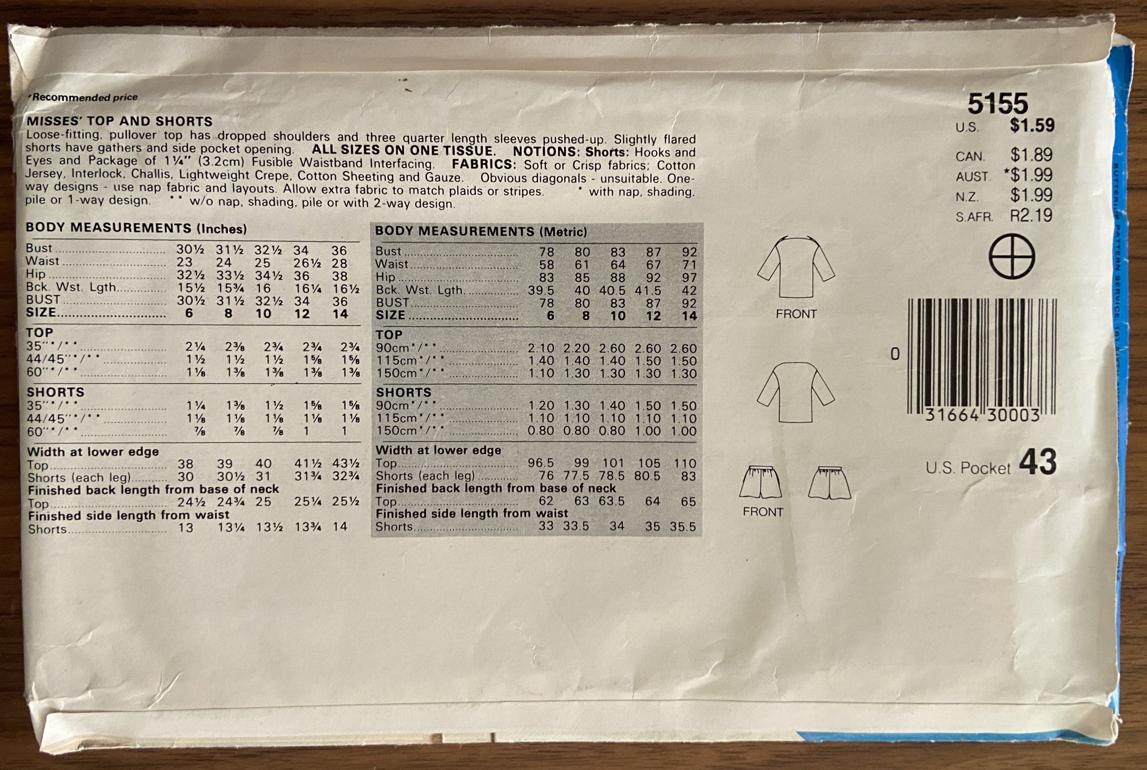Butterick 5155 vintage 1980s top and shorts sewing pattern