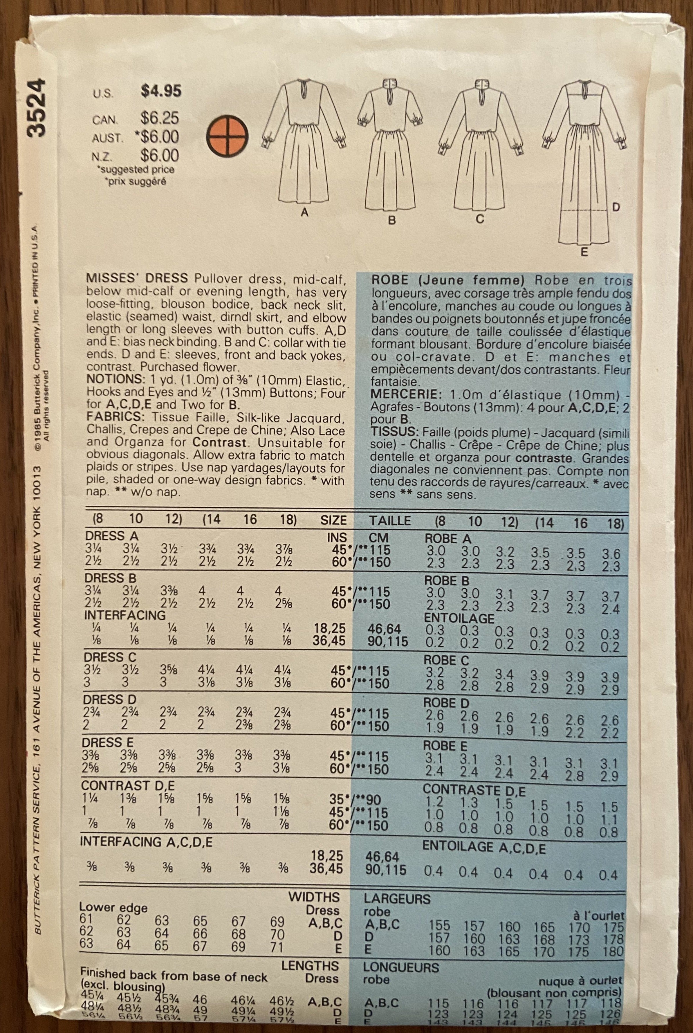 Butterick 3524 vintage1980s dress pattern