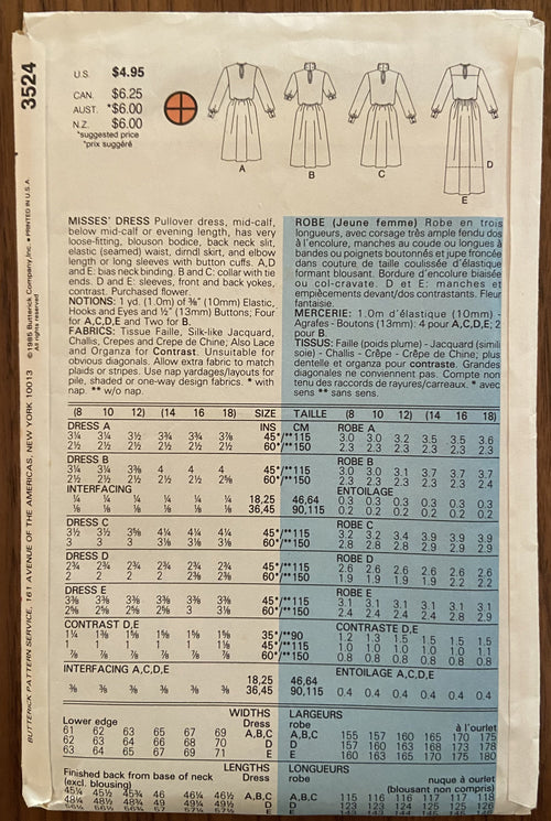 Butterick 3524 vintage1980s dress pattern