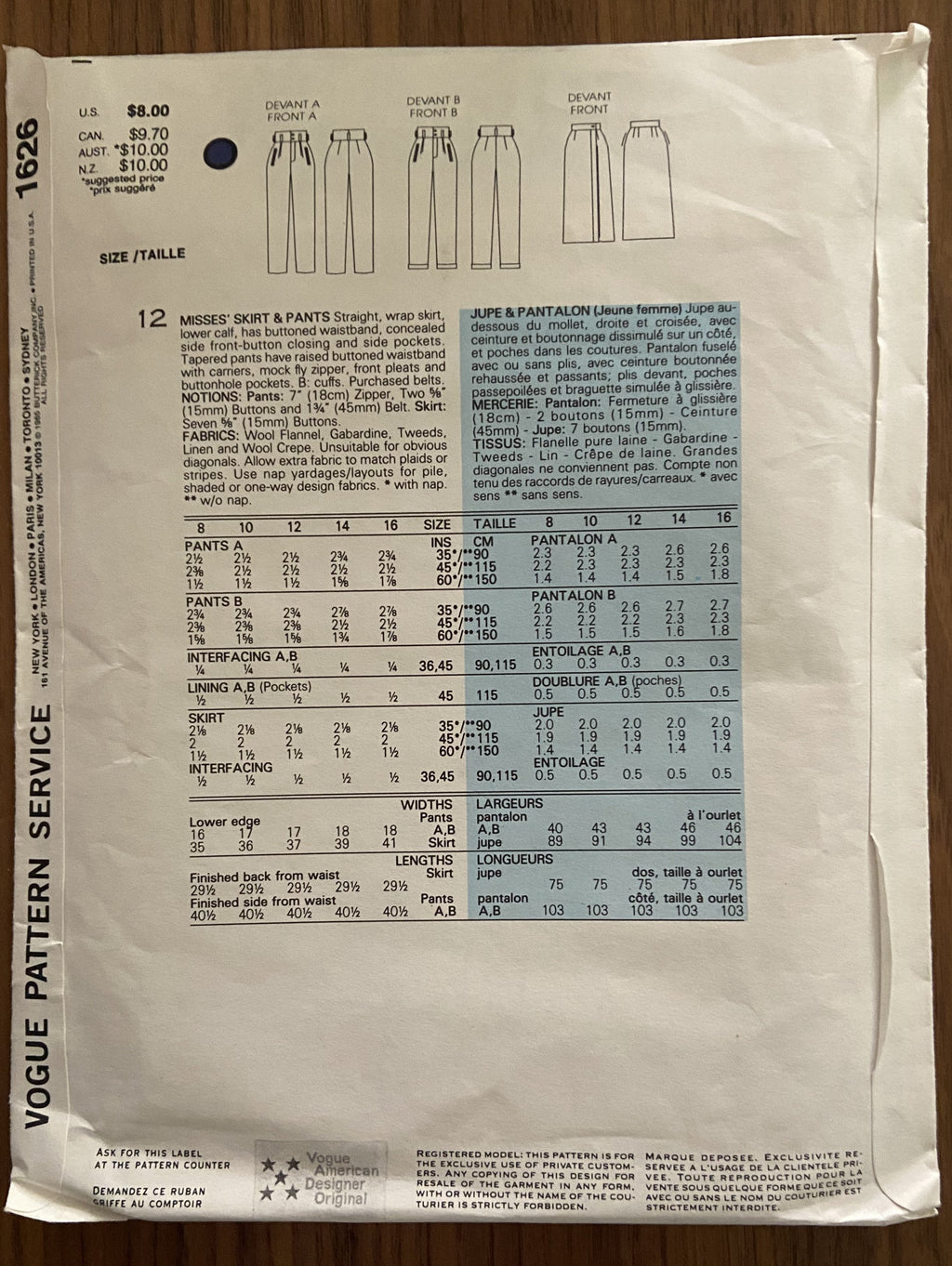 Vogue 1626 vintage 1980s designer Calvin Klein skirt and pants sewing pattern