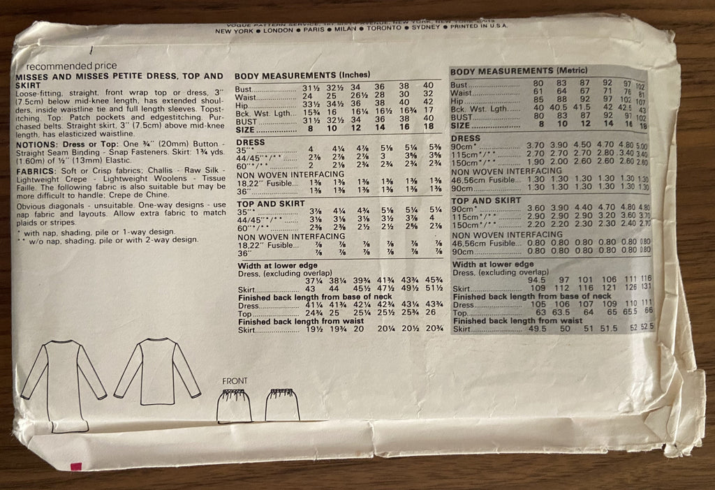 Very Easy Vogue 8364 vintage 1980s dress, skirt and top sewing pattern Bust 40 inches