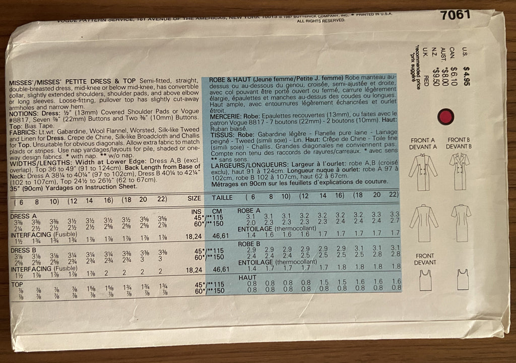 Very easy very vogue 7061 vintage 1980s dress and top sewing pattern Bust 34 to 38 inches