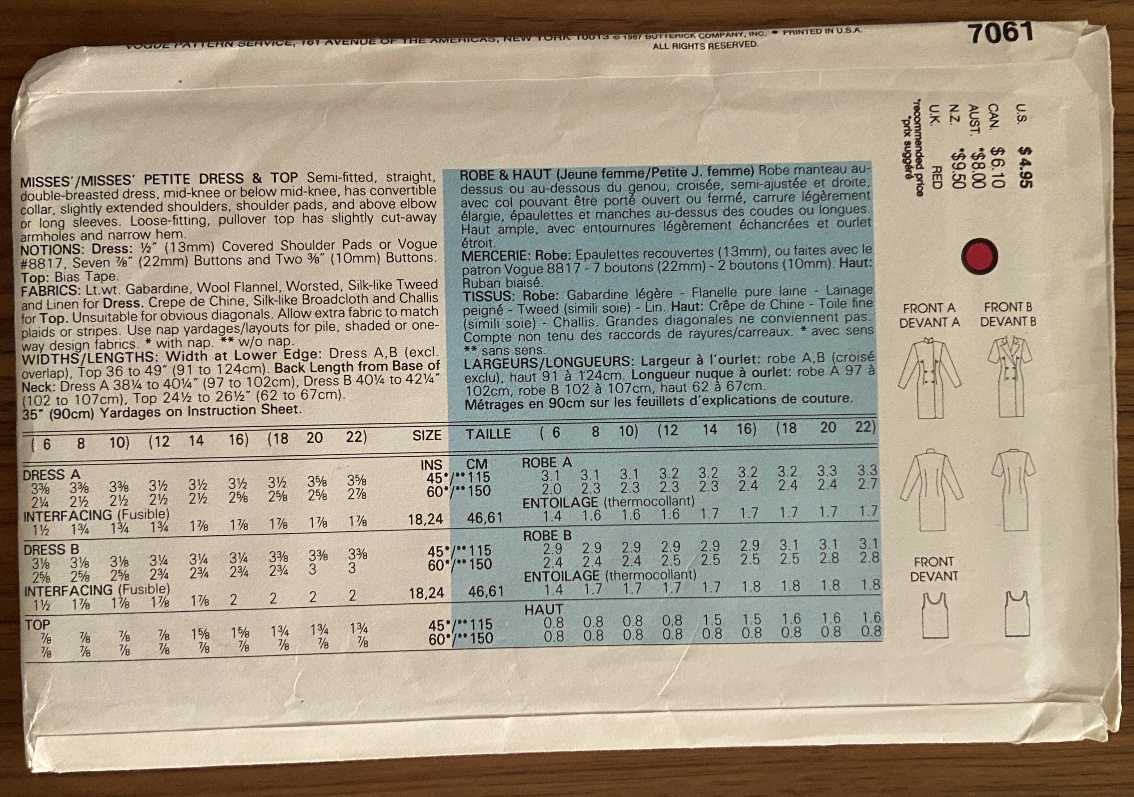 Very easy very vogue 7061 vintage 1980s dress and top sewing pattern Bust 34 to 38 inches