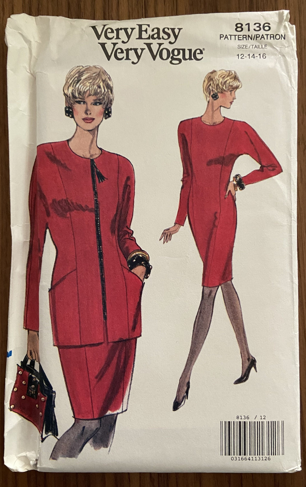 Very easy very vogue 8136 vintage 1980s jacket and dress sewing pattern Bust 34 to 38 inches