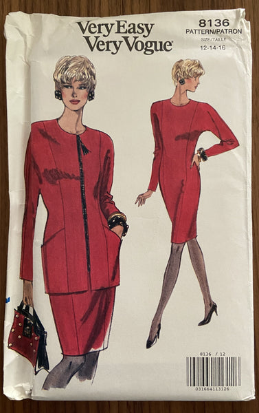 Very easy very vogue 8136 vintage 1980s jacket and dress sewing pattern Bust 34 to 38 inches