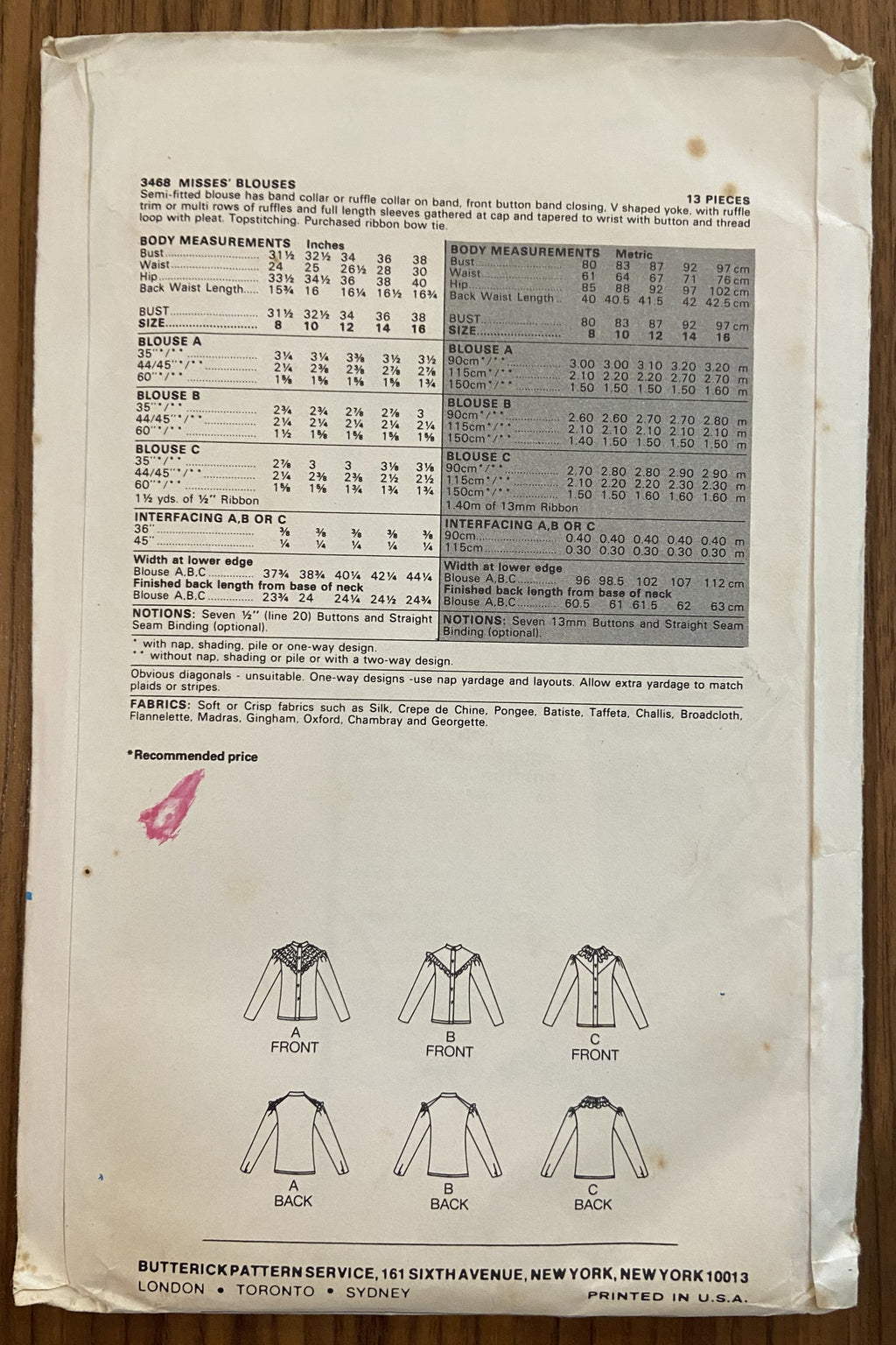 Butterick 3468 vintage 1980s blouse sewing pattern