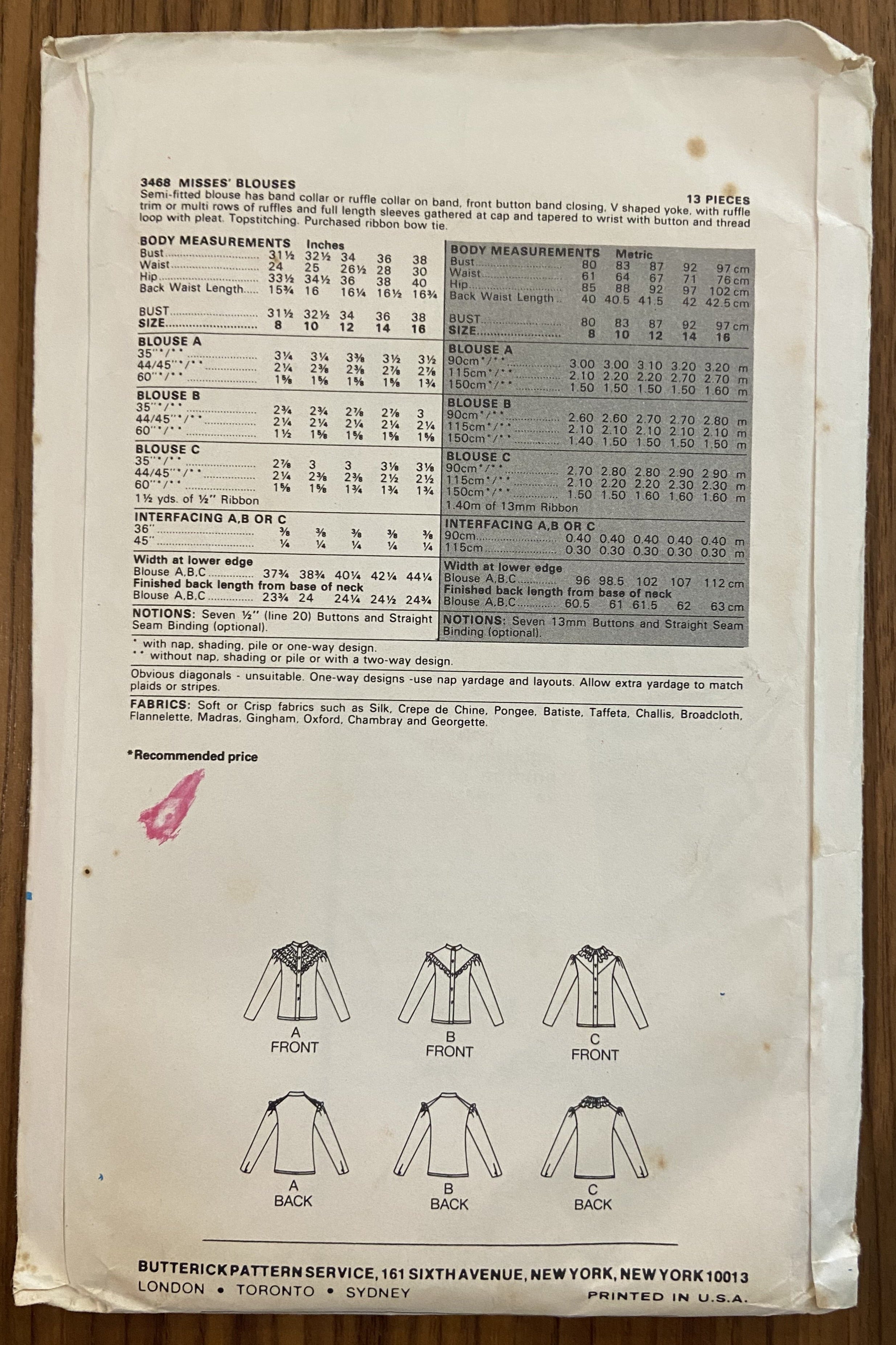 Butterick 3468 vintage 1980s blouse sewing pattern