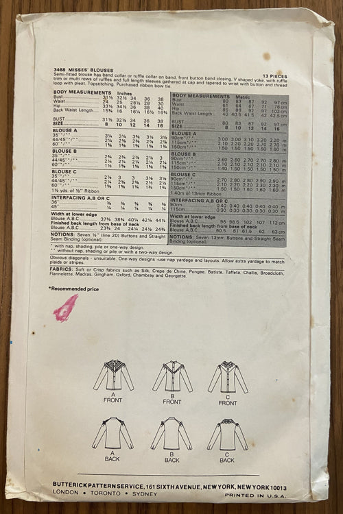 Butterick 3468 vintage 1980s blouse sewing pattern
