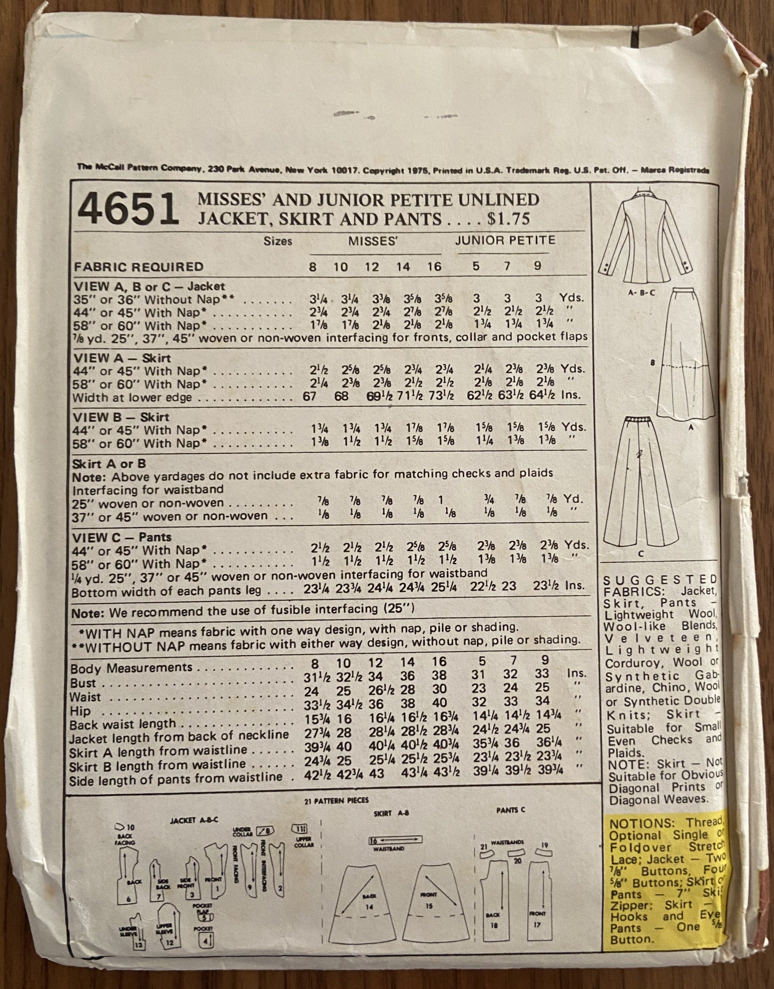 McCall's 4651 vintage marlo's corner 1970s skirt, jacket and pants pattern