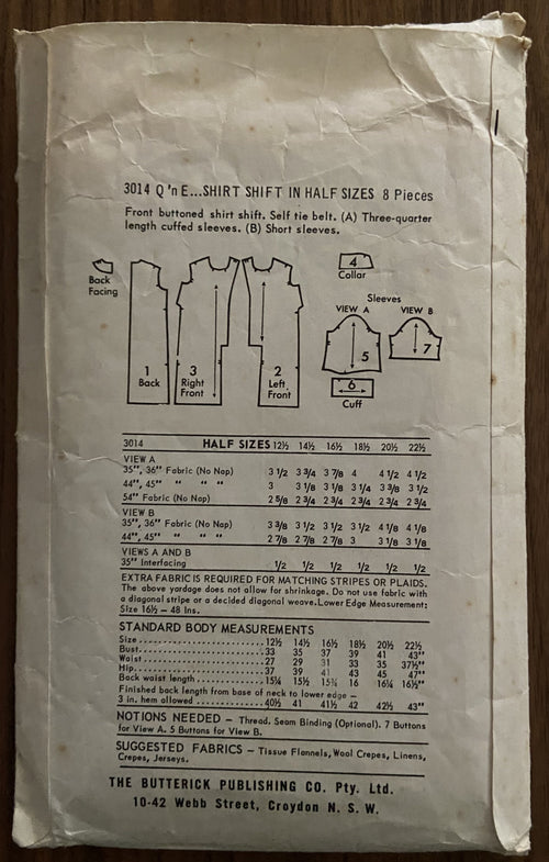 Butterick 3014 vintage 1960s shirt  dress pattern