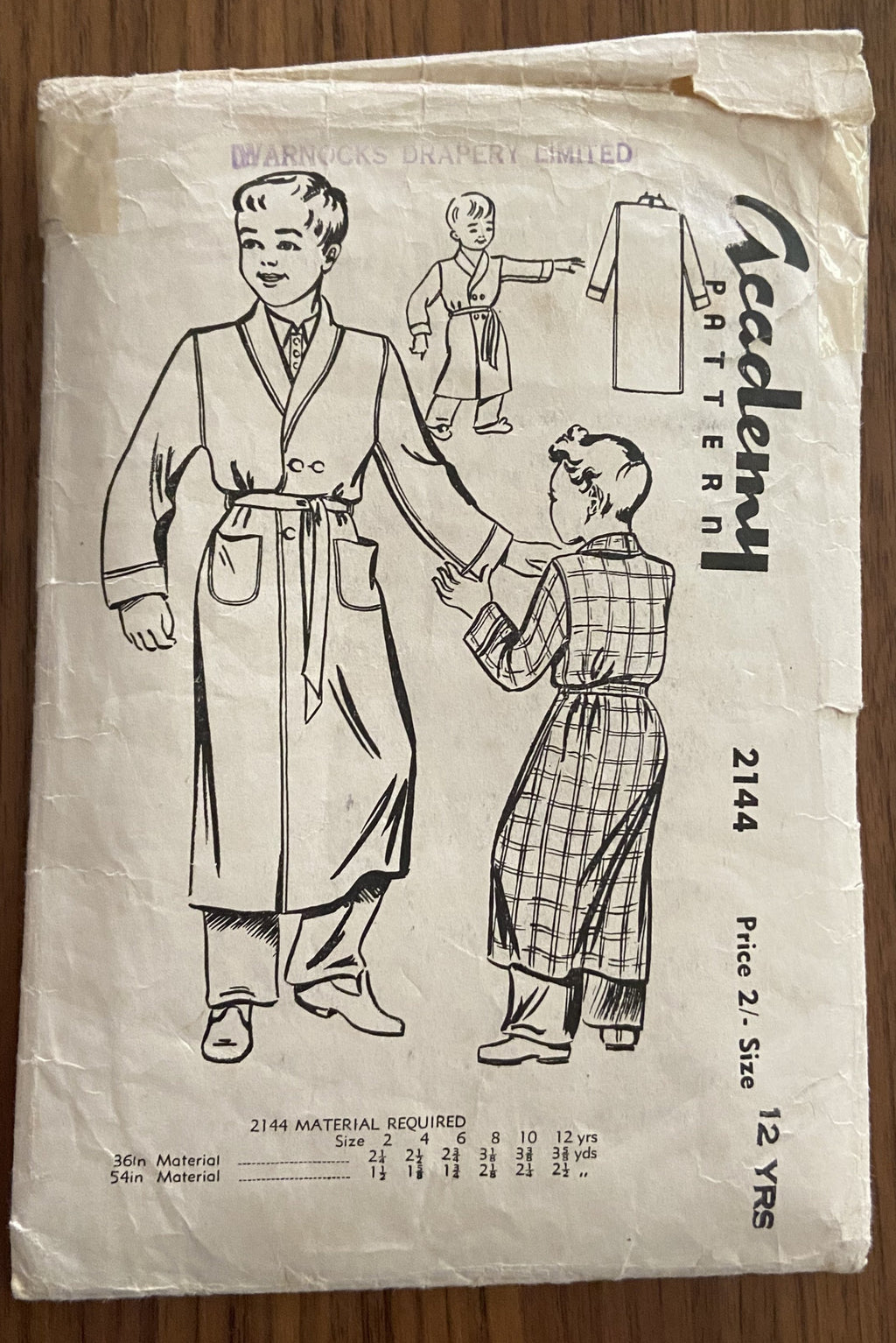 Academy 2144 vintage 1950s boy's dressing gown robe sewing pattern