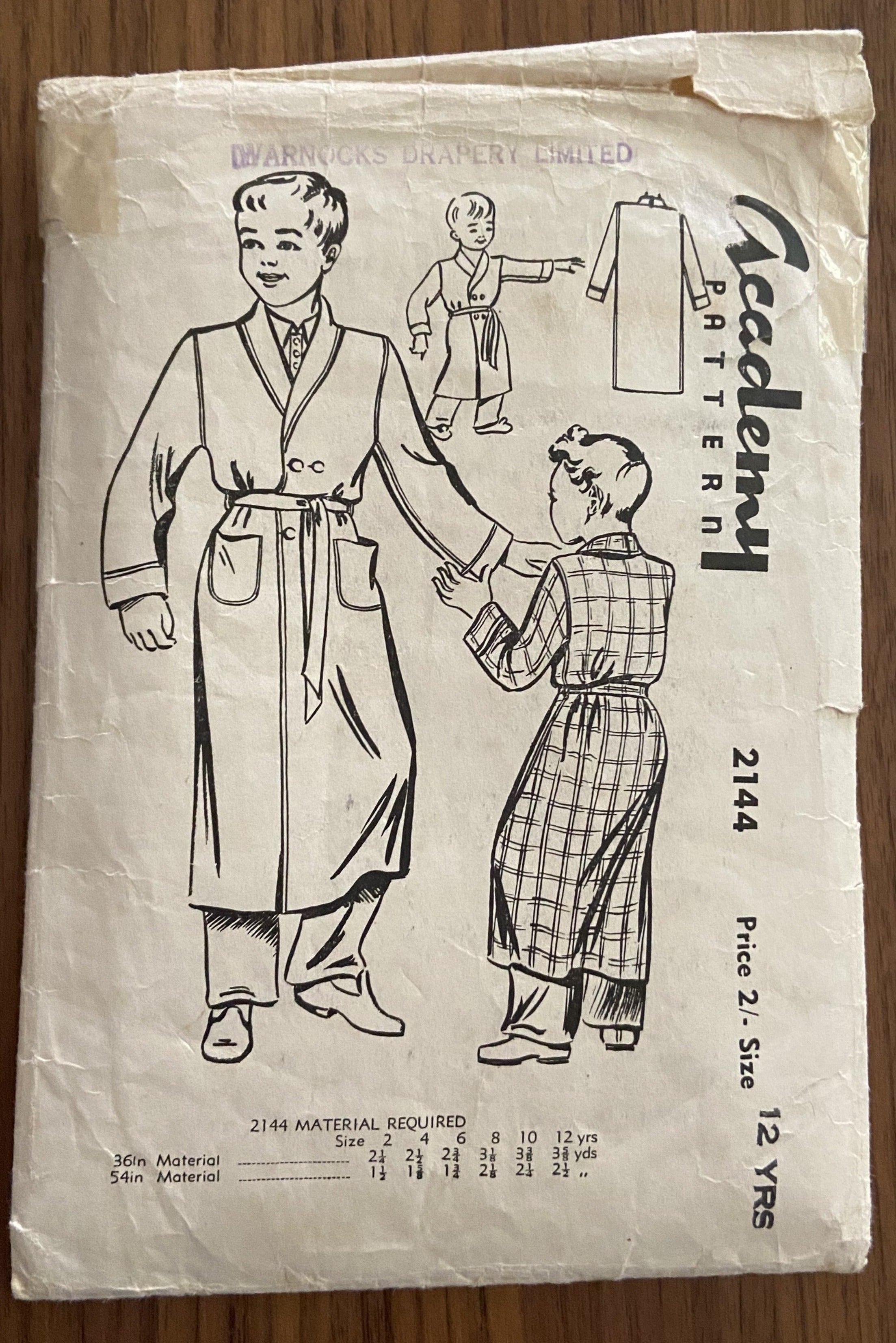 Academy 2144 vintage 1950s boy's dressing gown robe sewing pattern