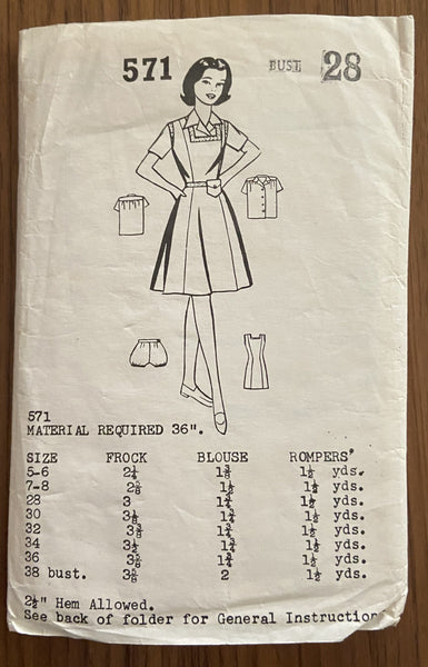 Paulette 571 vintage 1950s school tunic, blouse and rompers sewing pattern