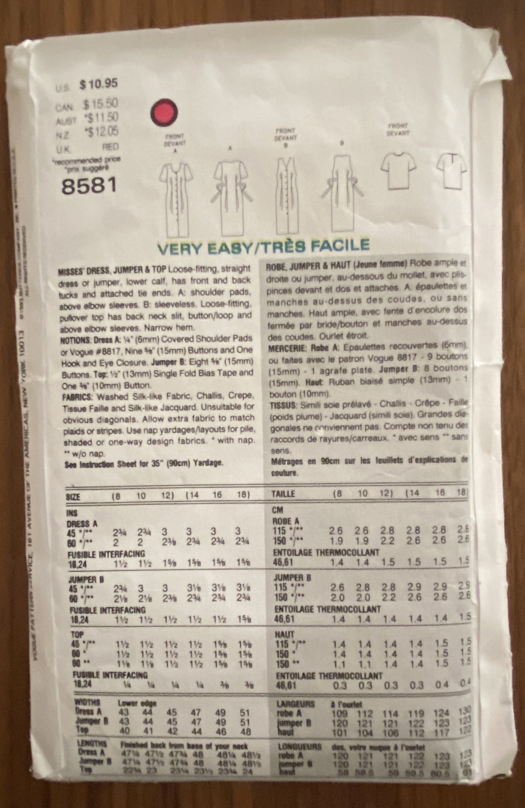 Vogue 1147 vintage 1990s dress, jumper and top sewing pattern Bust 31 1/2 to 34 inches