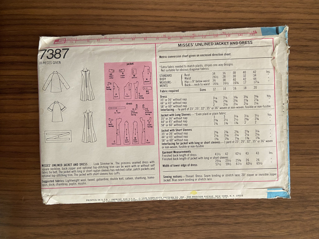 Simplicity 7387 vintage 1970s dress and jacket pattern bust 36 inches