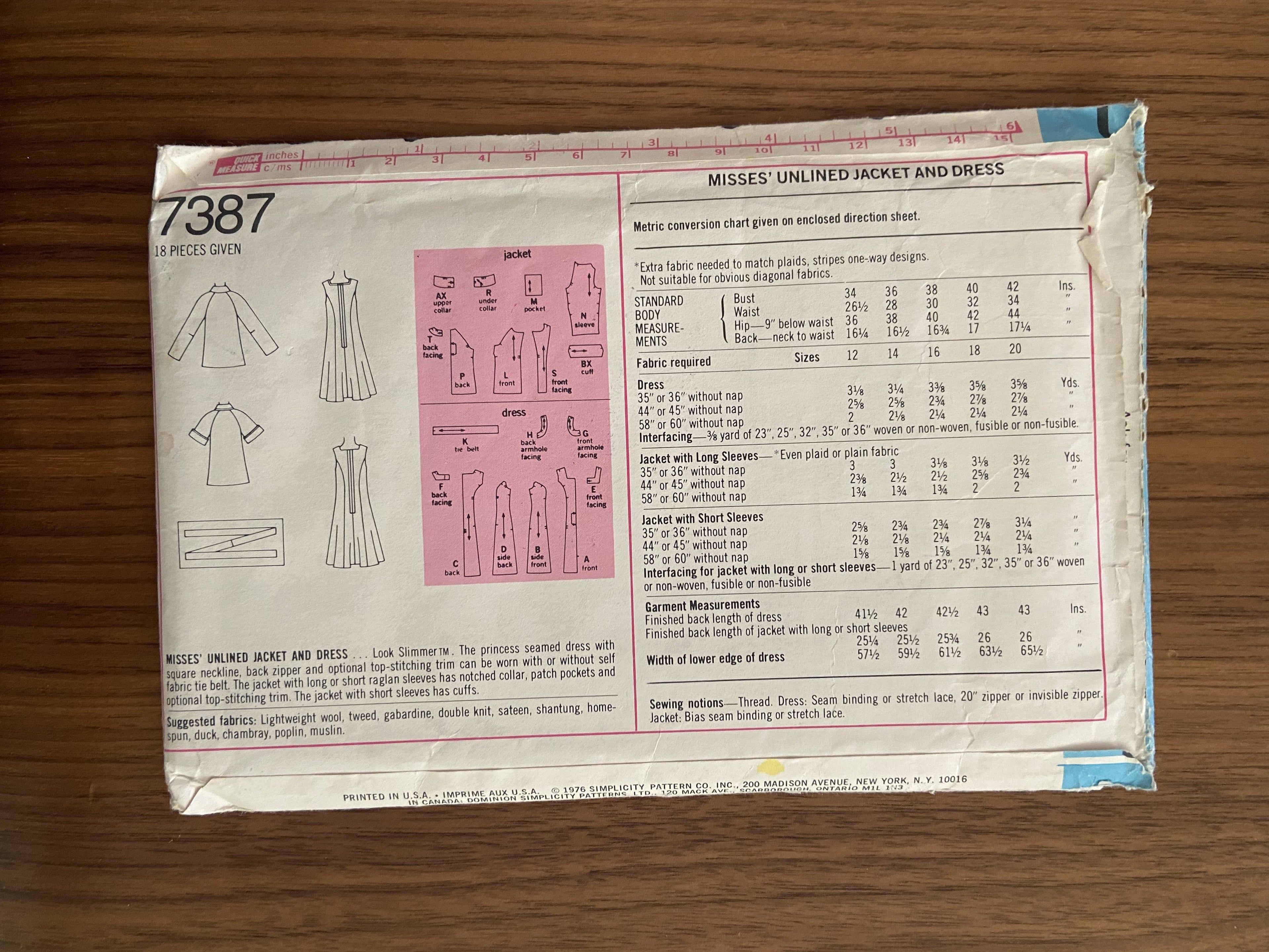 Simplicity 7387 vintage 1970s dress and jacket pattern bust 36 inches