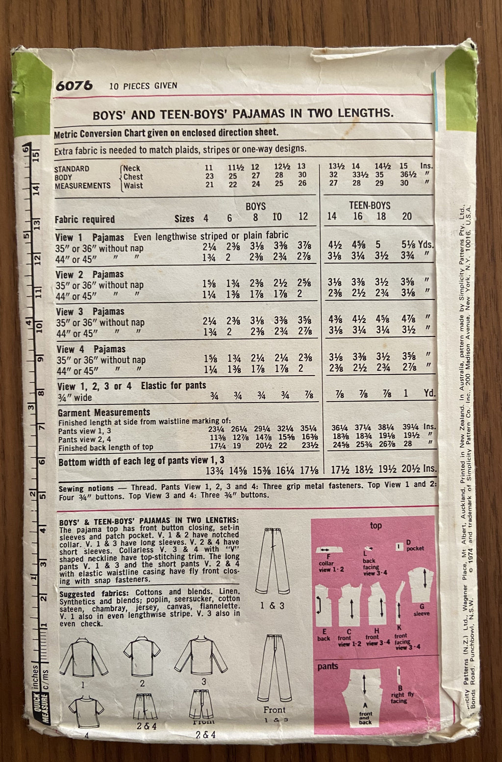 Simplicity 6076 vintage 1970s boy's pajamas sewing pattern