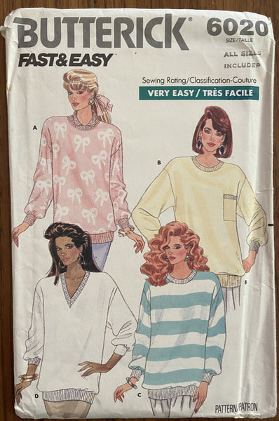 Butterick 6020 vintage 1980s pullover top pattern