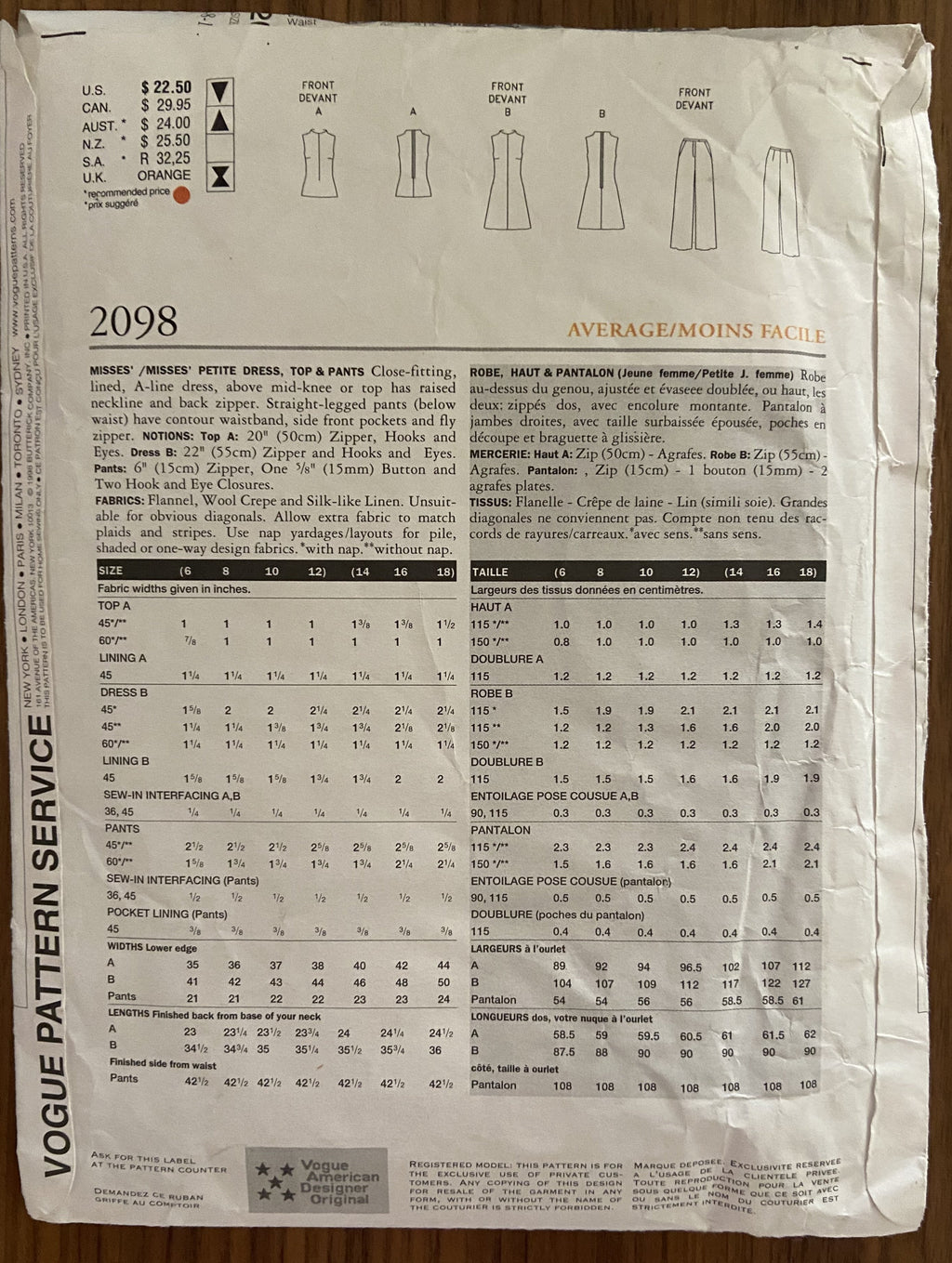 Vogue 2098 vintage 1990s Vogue Designer Original Calvin Klein dress, top and pants pattern Bust 332 1/2 to 34 inches