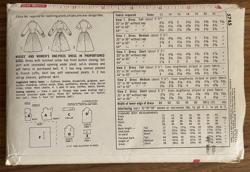 Simplicity 5745 vintage 1960s shirt dress sewing pattern.