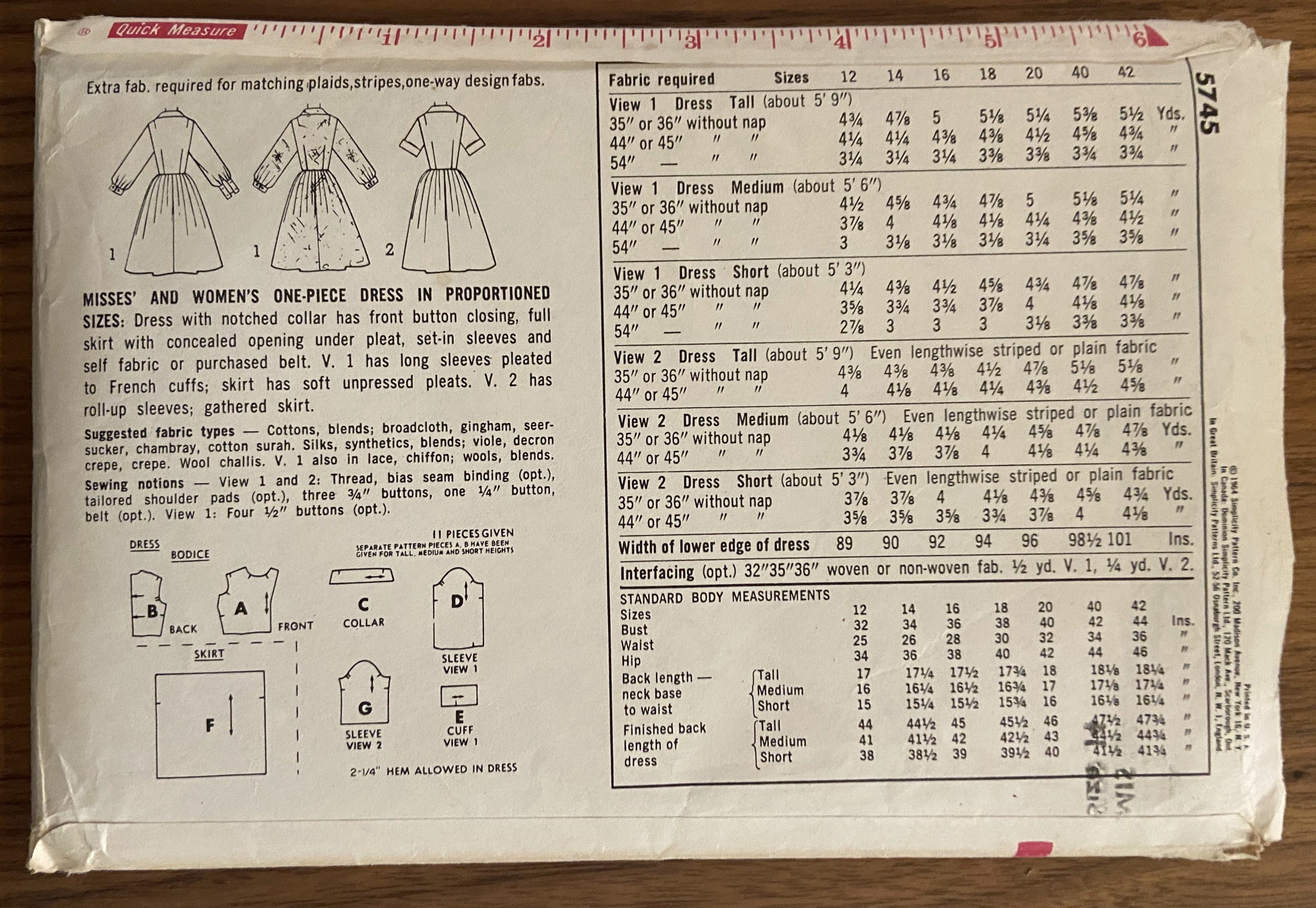 Simplicity 5745 vintage 1960s shirt dress sewing pattern.