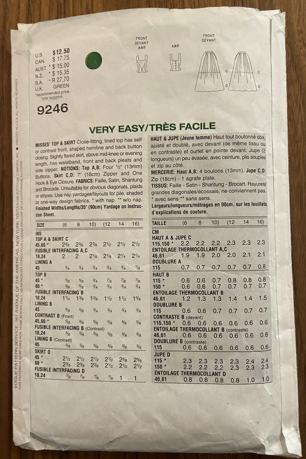 Vogue 9246 vintage 1990s evening skirt and top sewing pattern Bust 34, 36, 38 inches